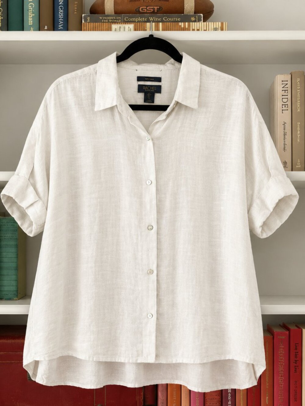 Rachel Roy 100% Linen Button-Down Shirt | Size L | White/Ivory